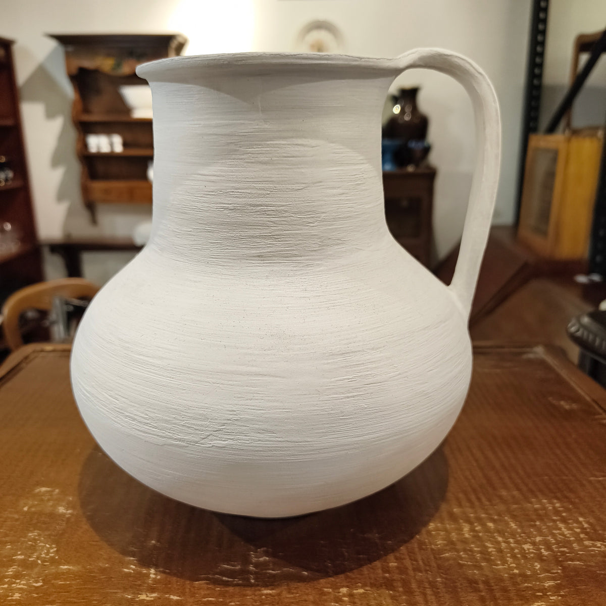 Mid-Century Modern Matte White Pitcher Vase with Handle