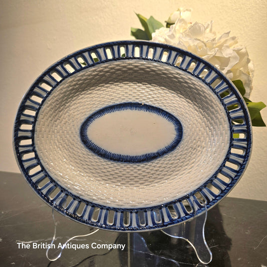 Antique Blue and White Oval Pierced Basketweave Serving Dish