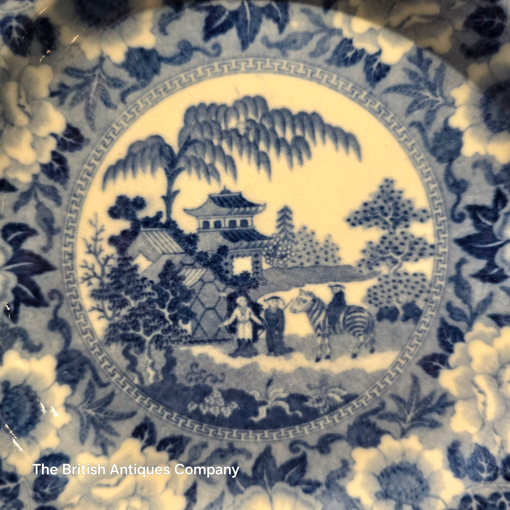 Antique Blue and White Chinoiserie Plate - Pagoda & Figures with Floral Border