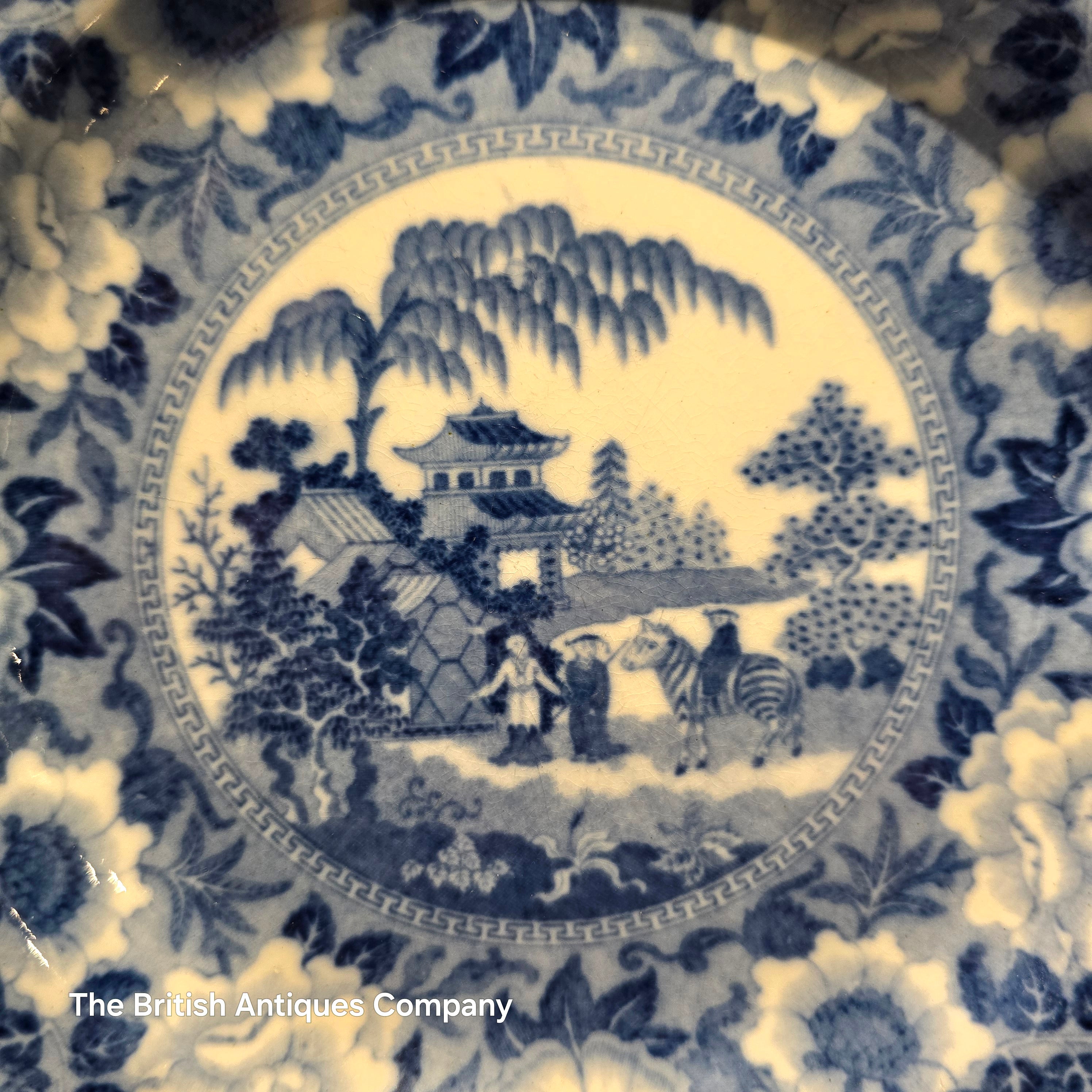 Antique Blue and White Chinoiserie Plate - Pagoda & Figures with Floral Border