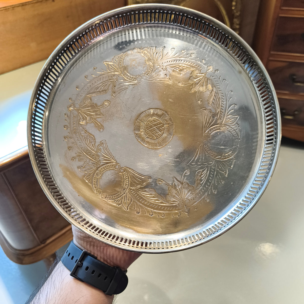 Vintage Silver-Plated Serving Platter with Pierced Gallery Rim and Floral Scroll Design