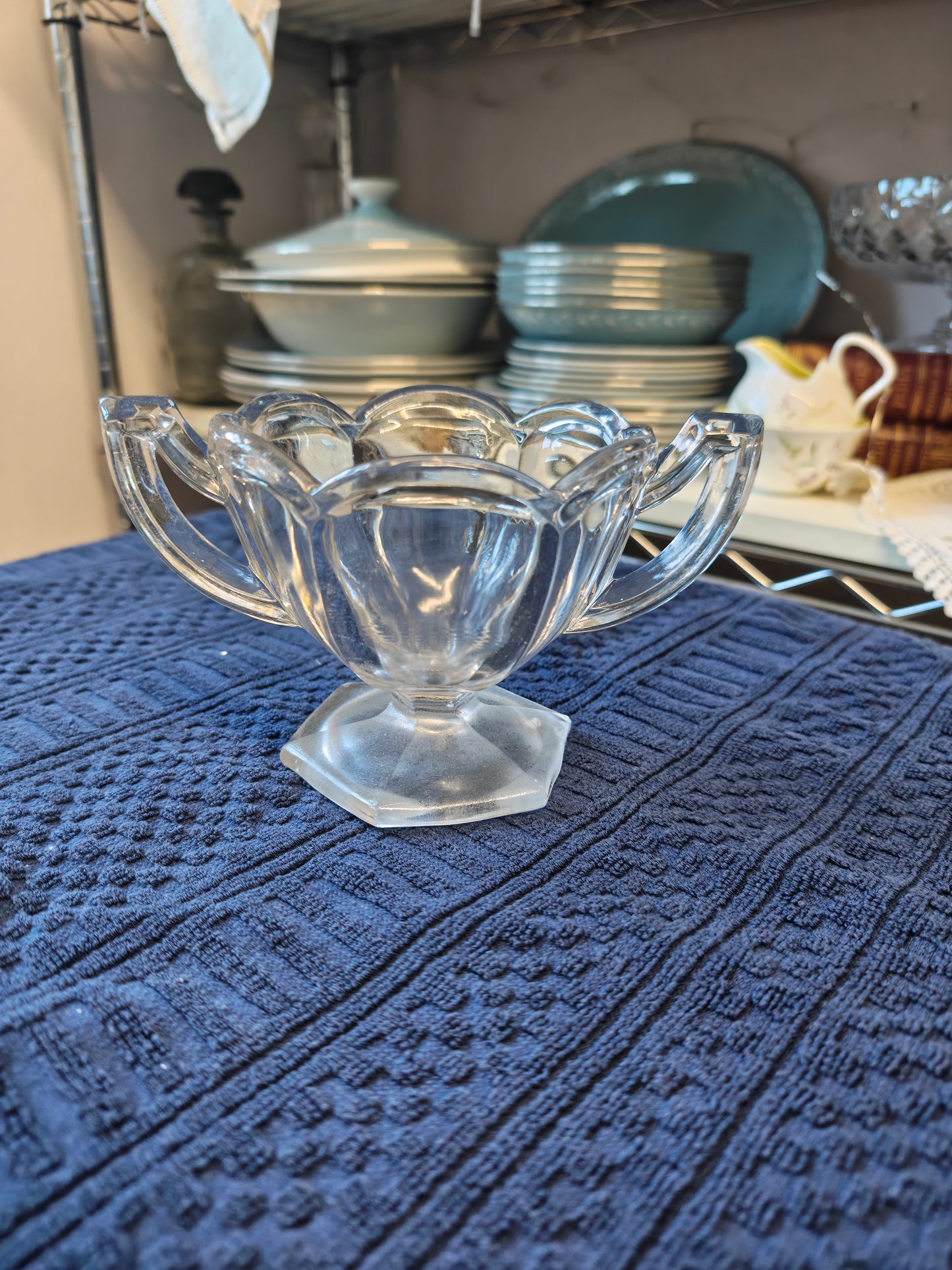 Clear, pressed glass, double-handled celery vase from the Art Deco period, likely part of the 'Chippendale' range manufactured by Davidson Glass.1930