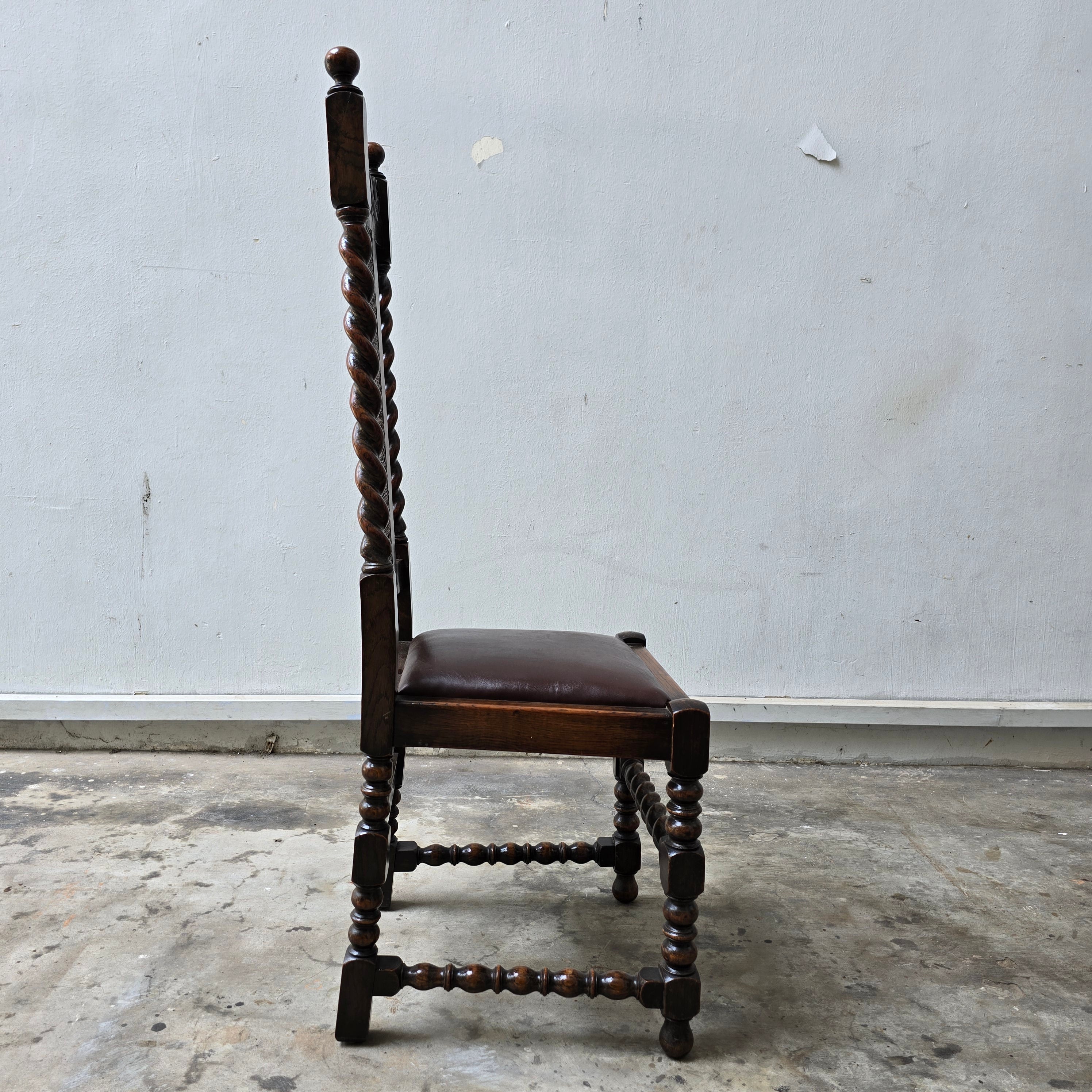 Antique Ewardian Barley Twist High Back Dining Chair | Oak on Turned Supports