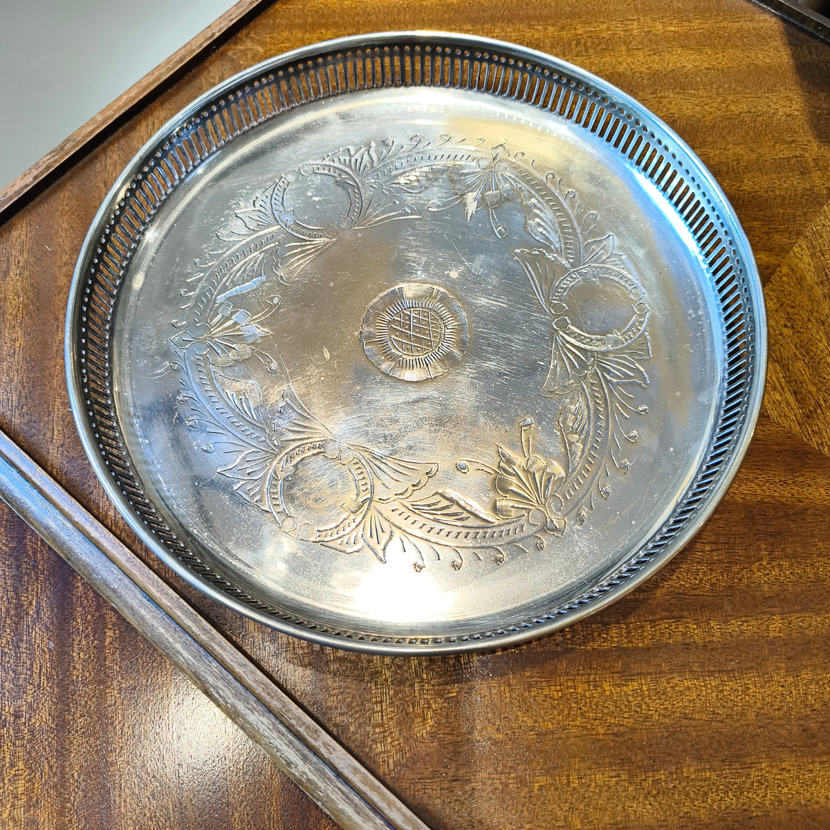 Vintage Silver-Plated Serving Platter with Pierced Gallery Rim and Floral Scroll Design