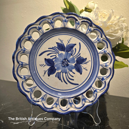 Hand-Painted Blue & White Faience Plate with Pierced Border and Floral Motif