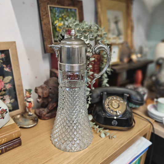 19th century Vintage pressed glass claret jug with a silver-plated top and handle -H37 x w 16cm