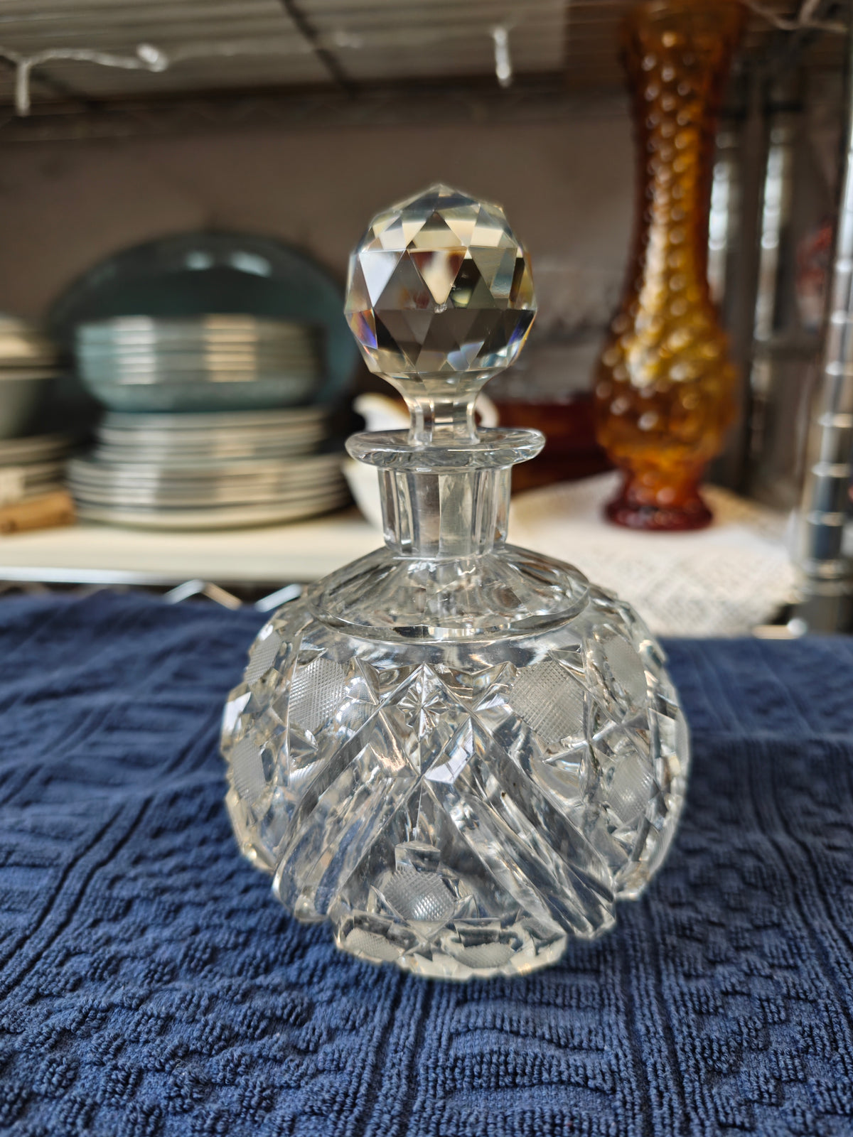 Vintage heavy pressed glass perfume bottle - very minor nip at the bottom of the lid