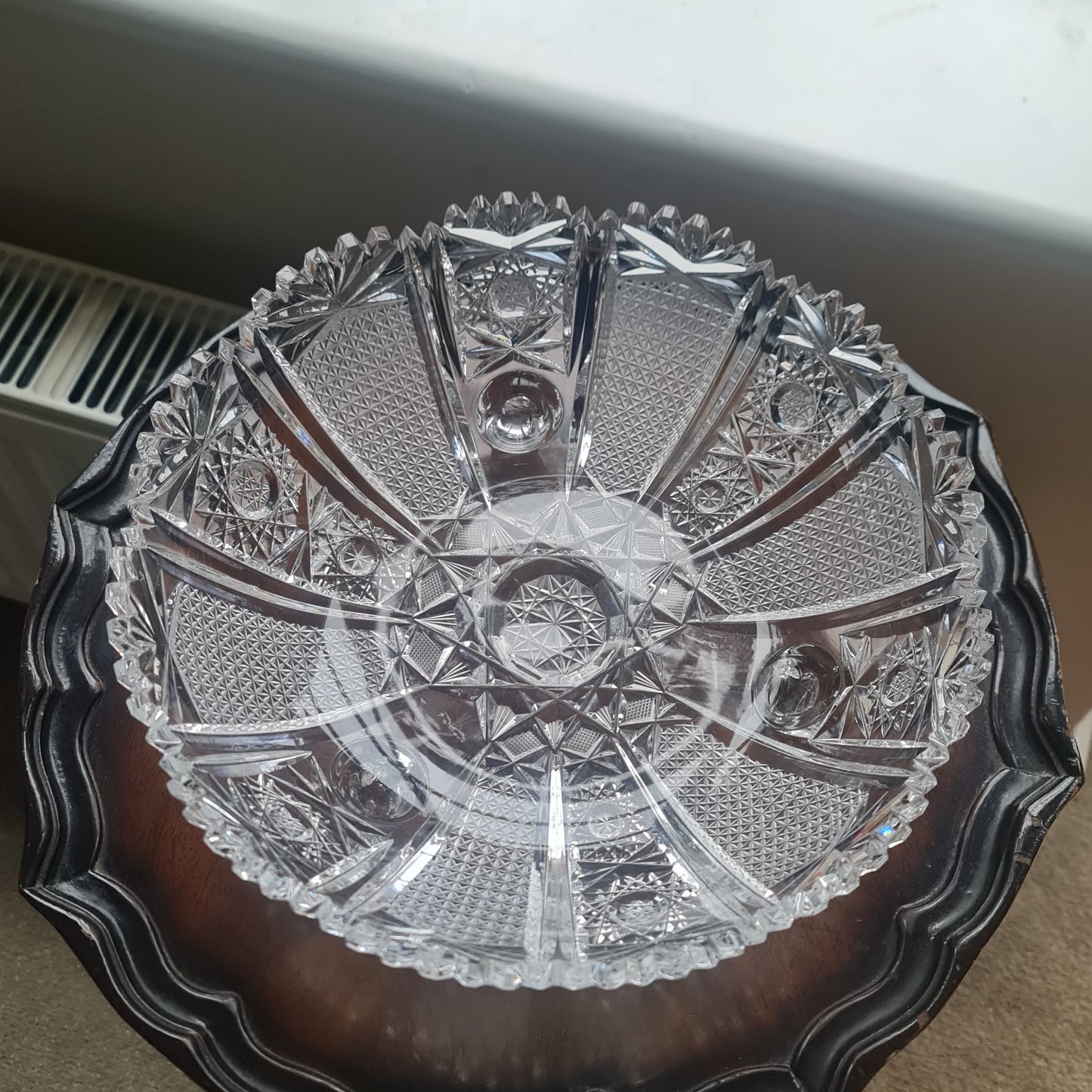 Antique Brilliant Cut Lead Crystal Round Serving Platter w/Hobstar Pattern on foot ( possible waterford)