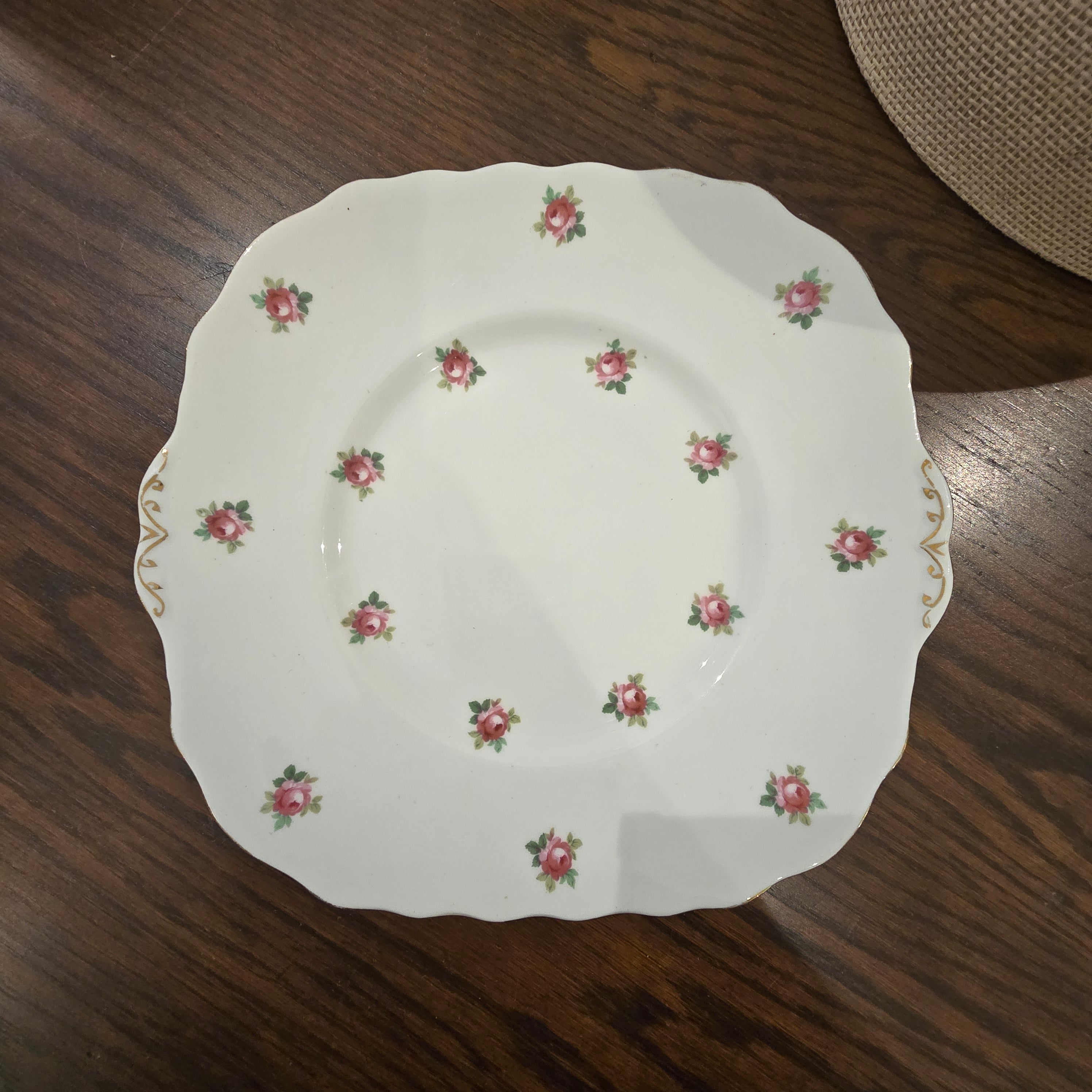 Vintage Melba Bone China English Tabbed Cake Plate -Pink Rosebud Gold Trim Platter 23cm