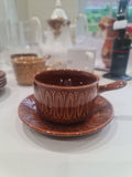 1960 Tams brown Stoneware soup mug with Sgraffito design