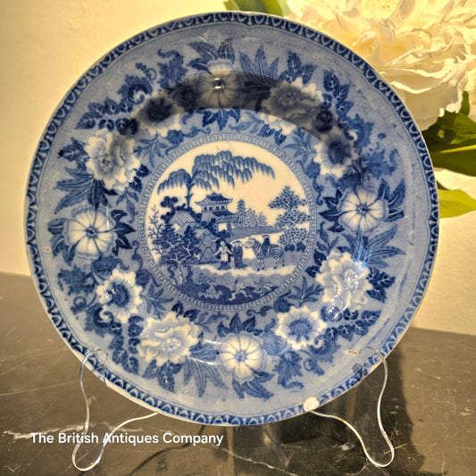 Antique Blue and White Chinoiserie Plate - Pagoda & Figures with Floral Border