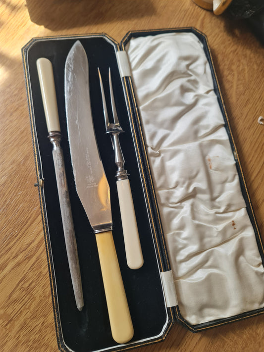 Amazing victorian silver plated craving knife and fork with sharpener by John McClory sins silversmith