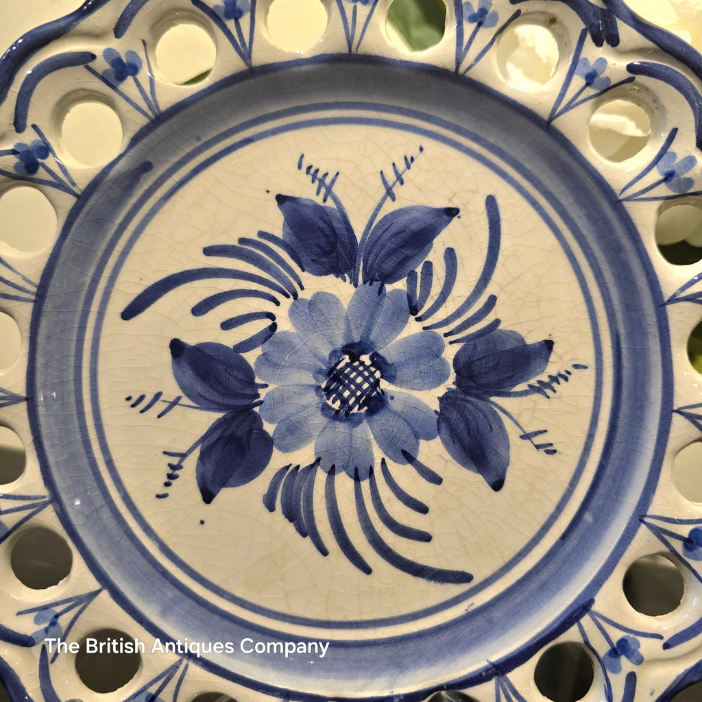 Hand-Painted Blue & White Faience Plate with Pierced Border and Floral Motif