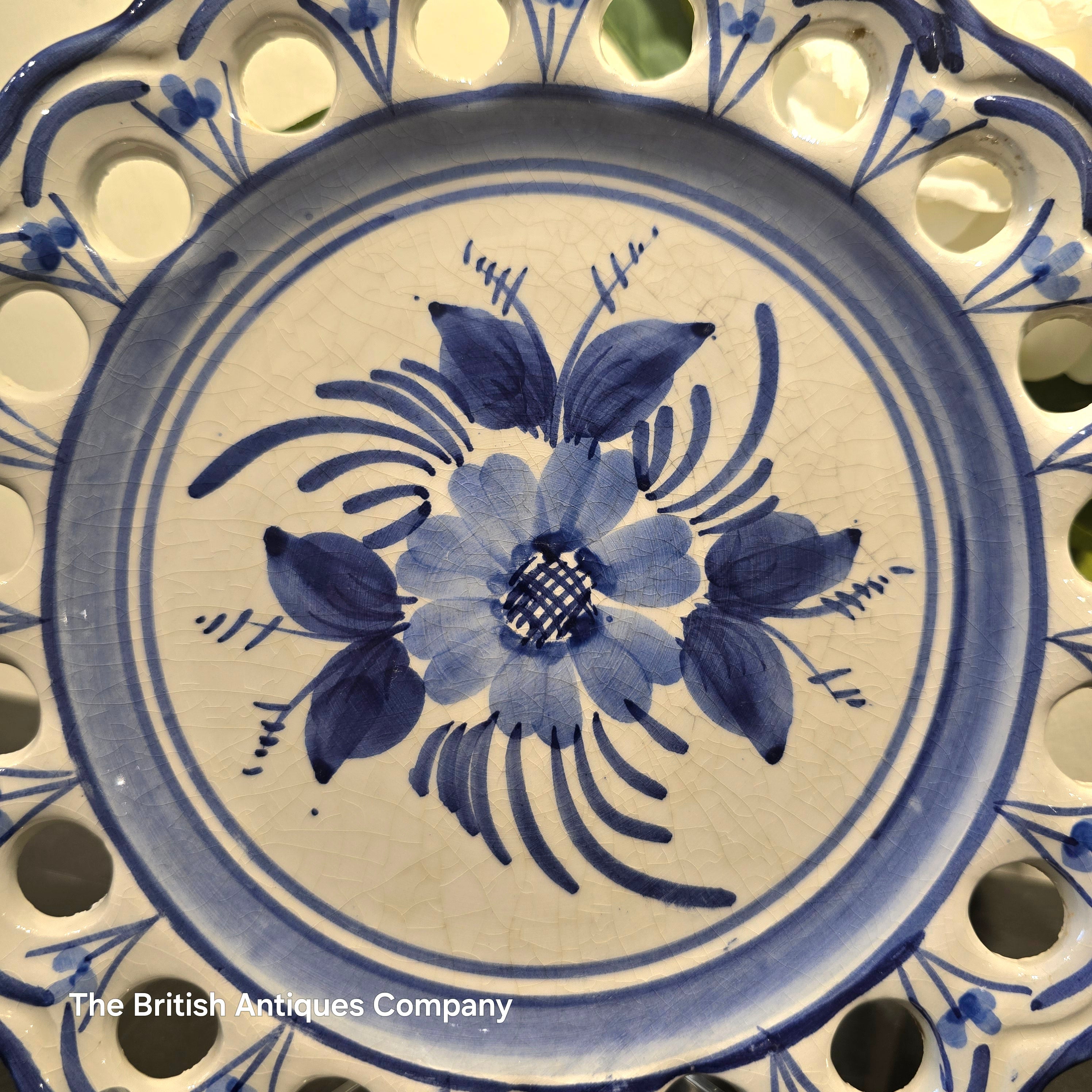 Hand-Painted Blue & White Faience Plate with Pierced Border and Floral Motif