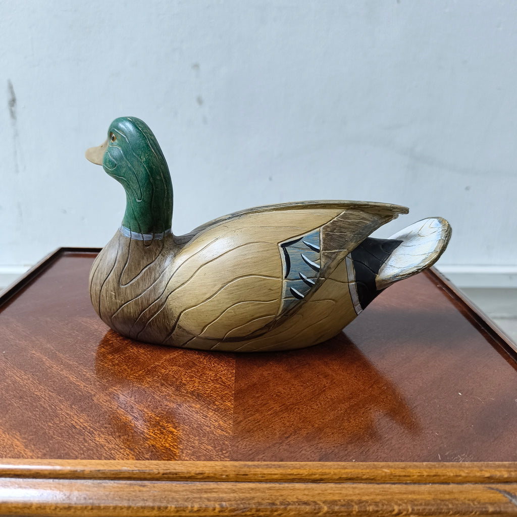 Vintage Hand Carved and Painted Wooden Mallard Duck Sculpture, 23cm