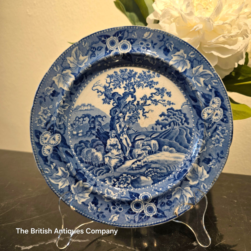 Antique Blue and White Transferware Plate - Pastoral Landscape with Floral Border