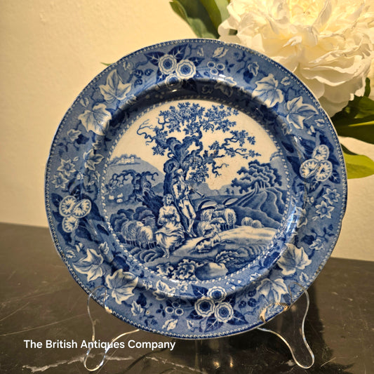 Antique Blue and White Transferware Plate - Pastoral Landscape with Floral Border