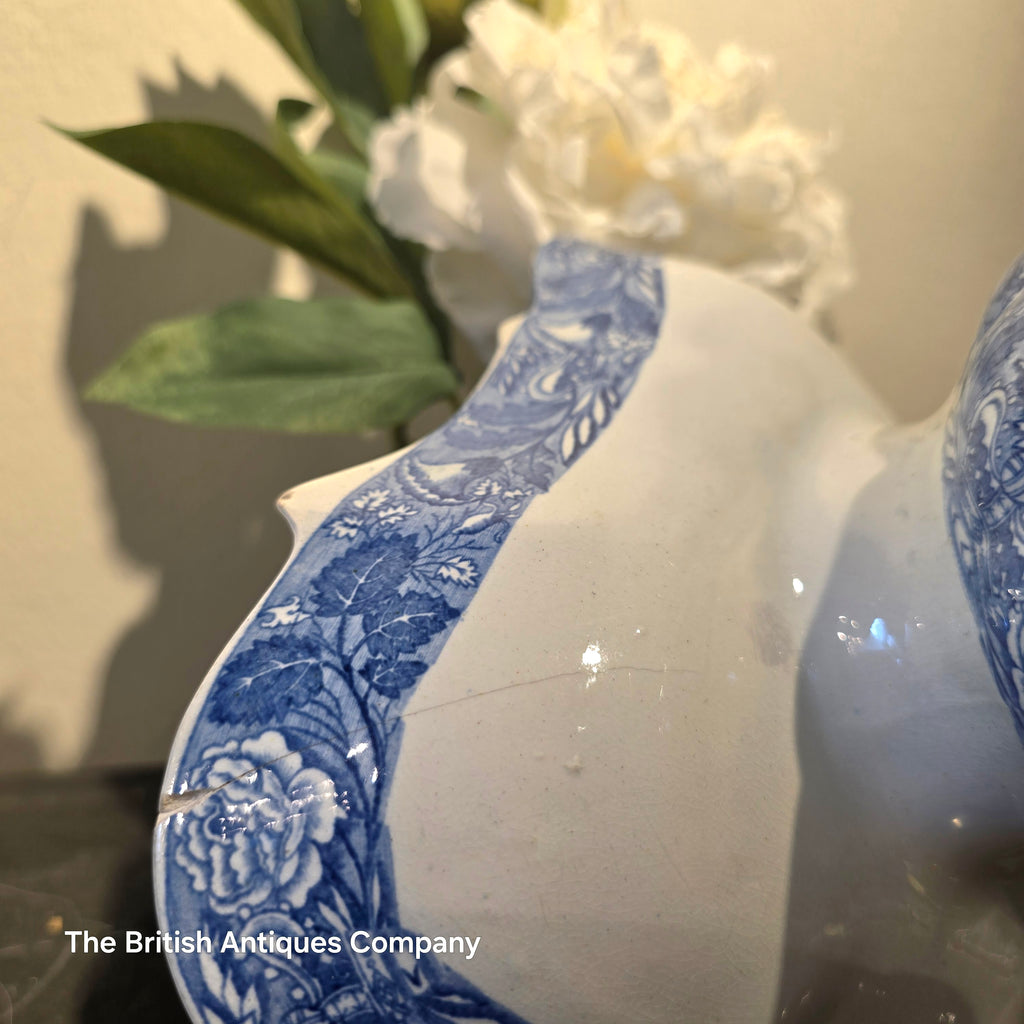 Antique Blue and White Pedestal Bowl / Tazza - Orientalist Landscape Transferware - crack line on