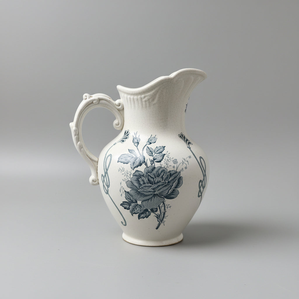 Antique Victorian White Ceramic Pitcher with Blue Floral Transfer Print