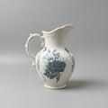 Antique Victorian White Ceramic Pitcher with Blue Floral Transfer Print