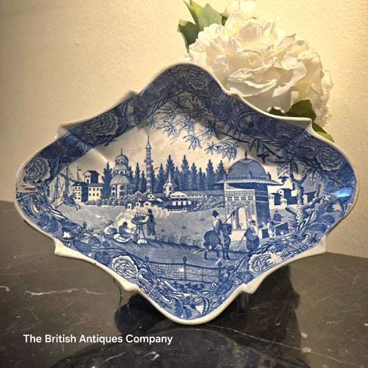 Antique Blue and White Pedestal Bowl / Tazza - Orientalist Landscape Transferware - crack line on