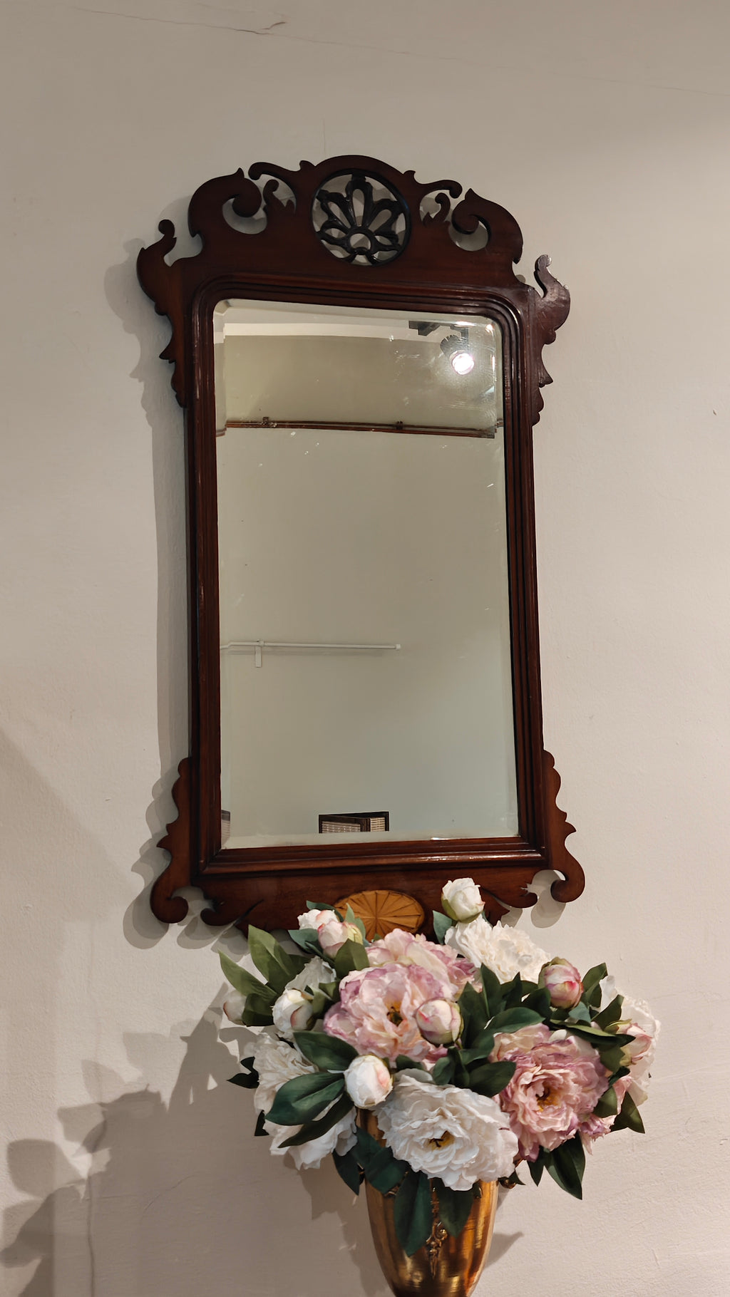 19th Century Mahogany Fret Mirror with Inlaid Shell Patera