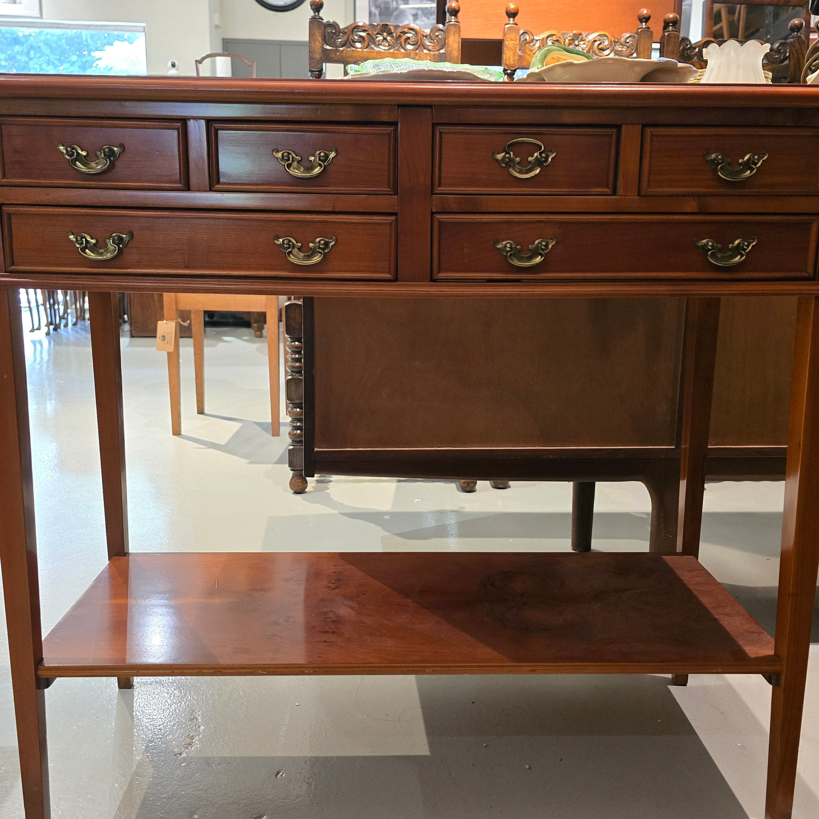 Vintage Yew Wood Console Table with 6 Drawers c. 1980