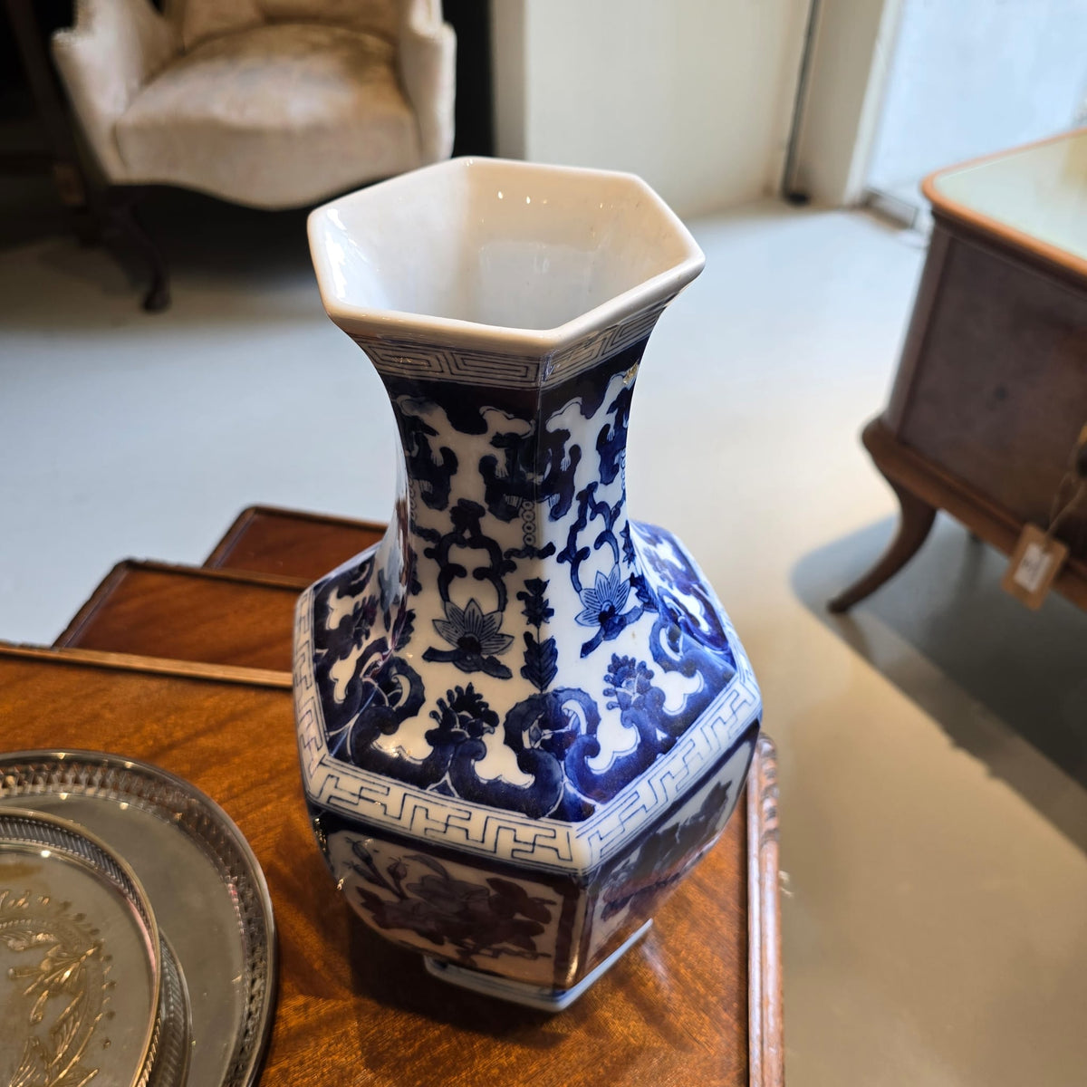 Antique Blue and White Hexagonal Porcelain Vase
