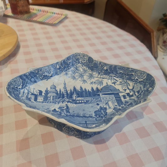 A rarely seen Early 19th Century Antique English Georgian Blue and White Transfer Pottery compote printed in the “Eastern Port” Pattern by John & William Ridgway of Hanley, Staffordshire