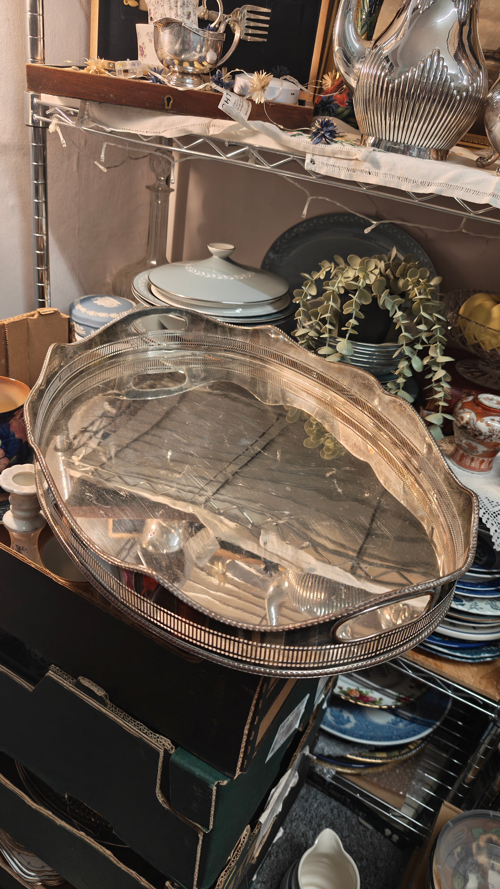 Vintage large silver over copper butler tray with gallery L 56 X w 39 xh 7 cm