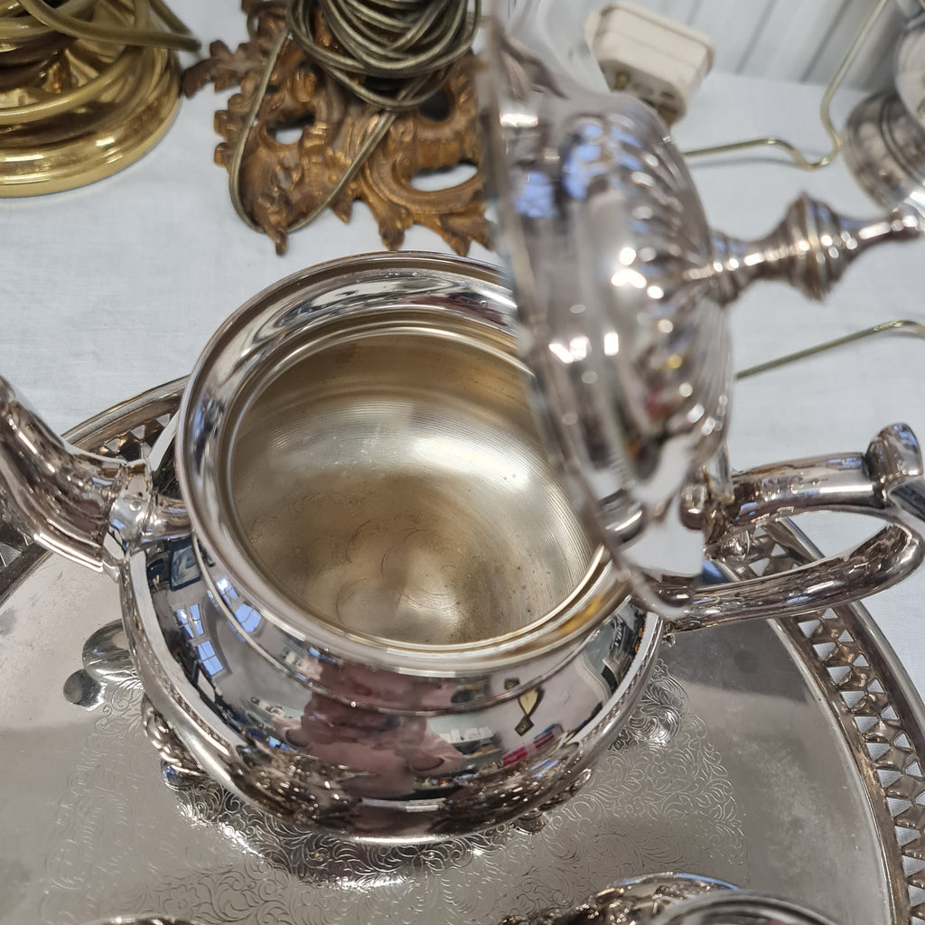 Vintage silver plated teapot , milk jug , sugar bowl and tray