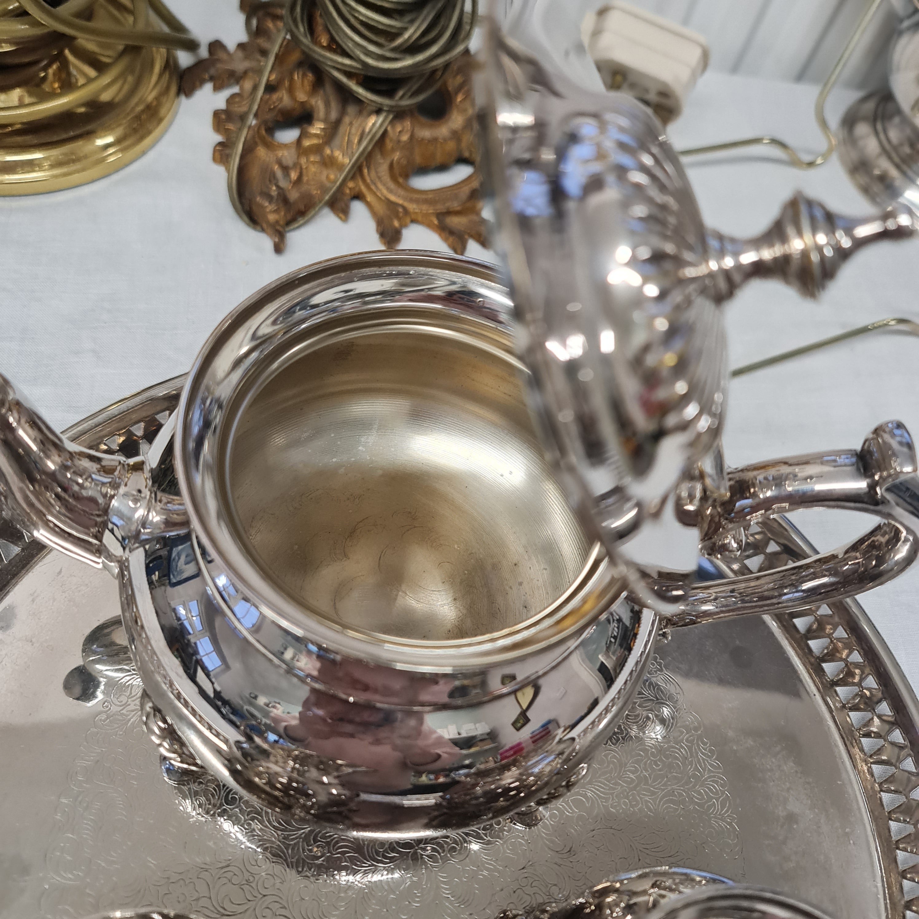 Vintage silver plated teapot , milk jug , sugar bowl and tray