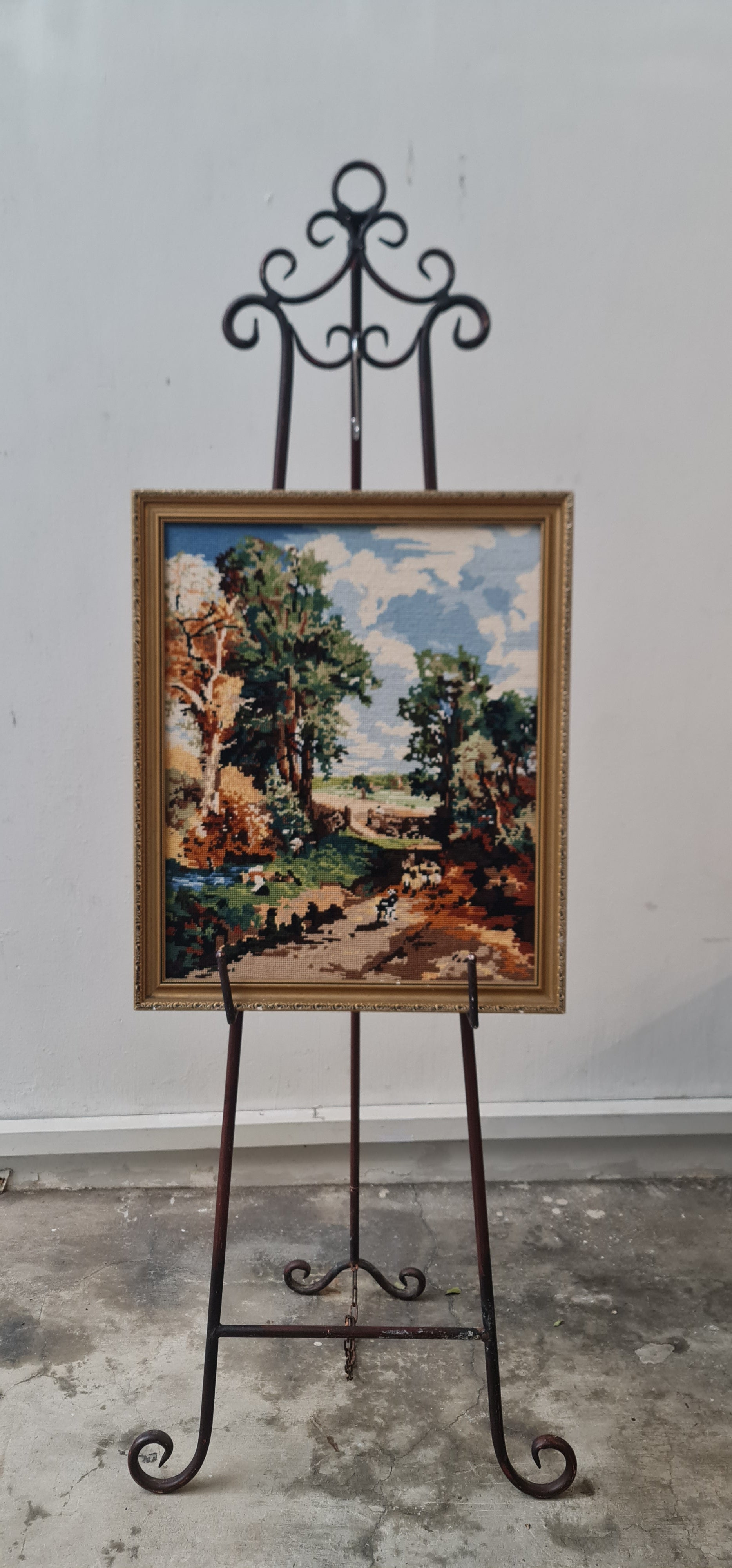 Vintage beautiful Needlepoint art work of traveller in the wood