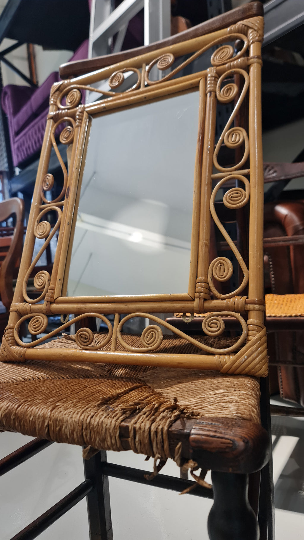 Mid-Century Modern Bamboo & Rattan Bound Rectangular Mirror