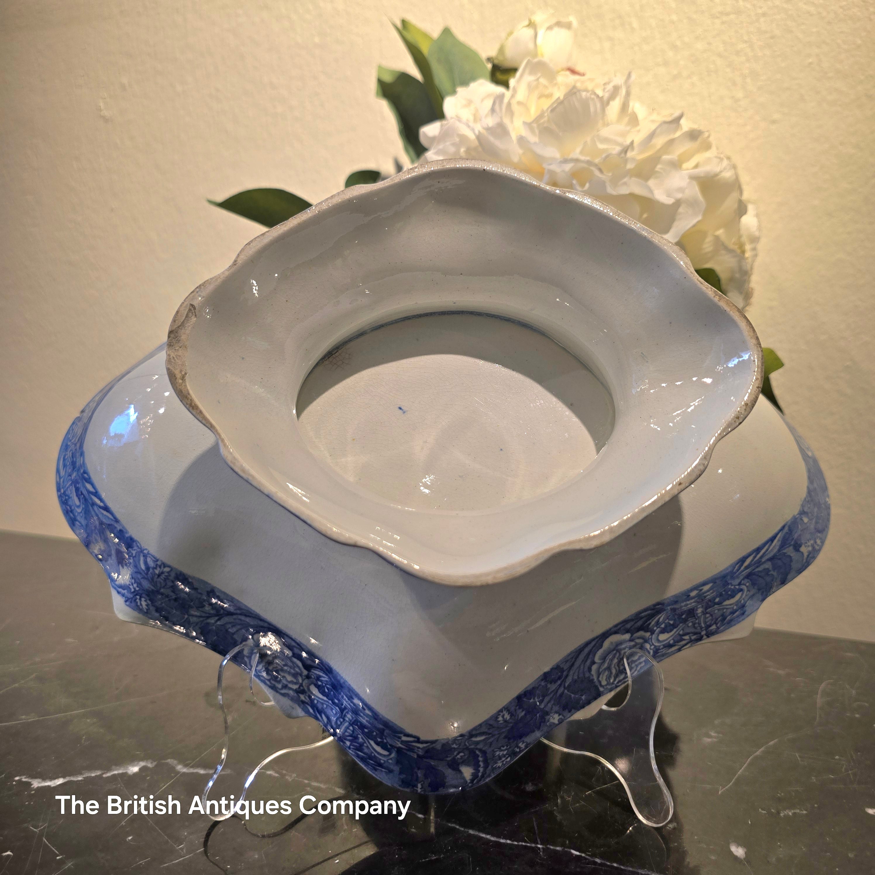 Antique Blue and White Pedestal Bowl / Tazza - Orientalist Landscape Transferware - crack line on