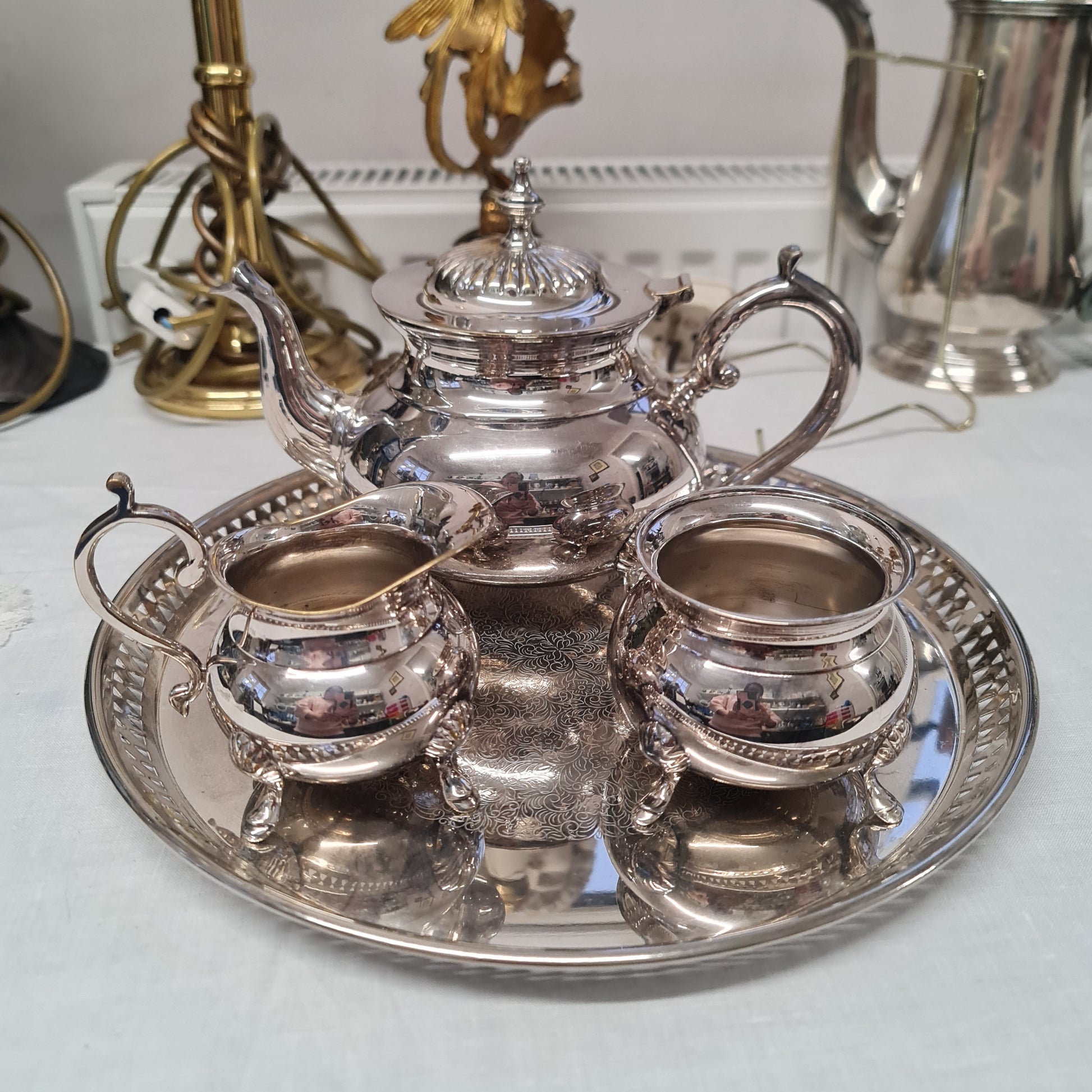 Vintage silver plated teapot milk jug sugar bowl and tray