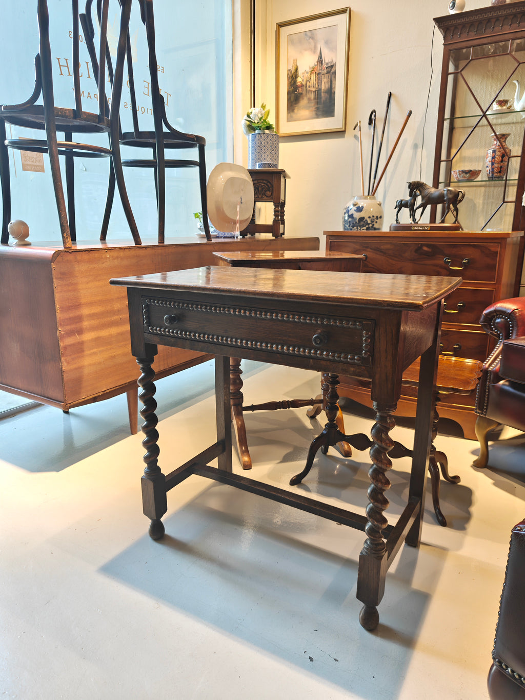 1900s Oak Side Table with Single Drawer & Barley Twist Supports