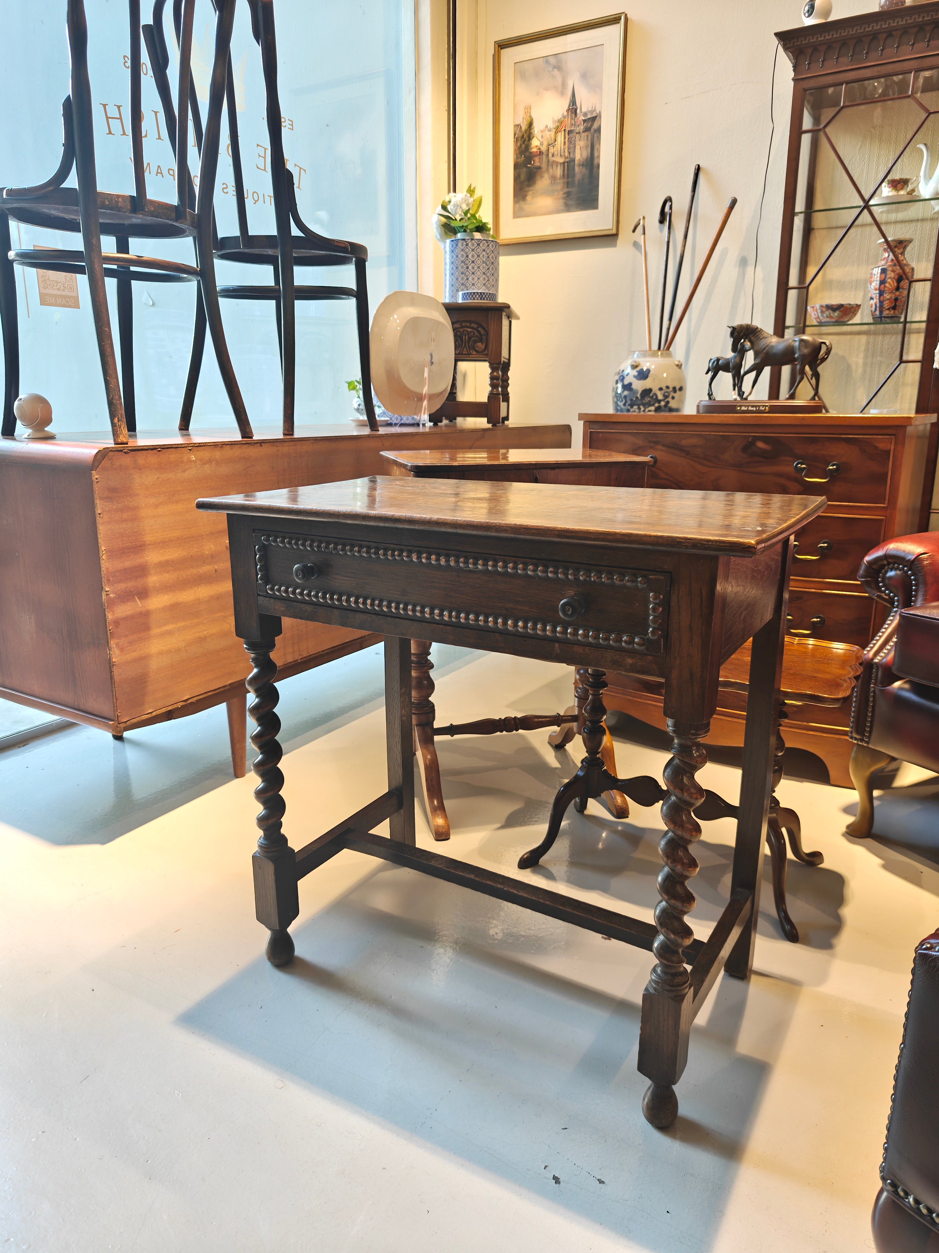 1900s Oak Side Table with Single Drawer & Barley Twist Supports
