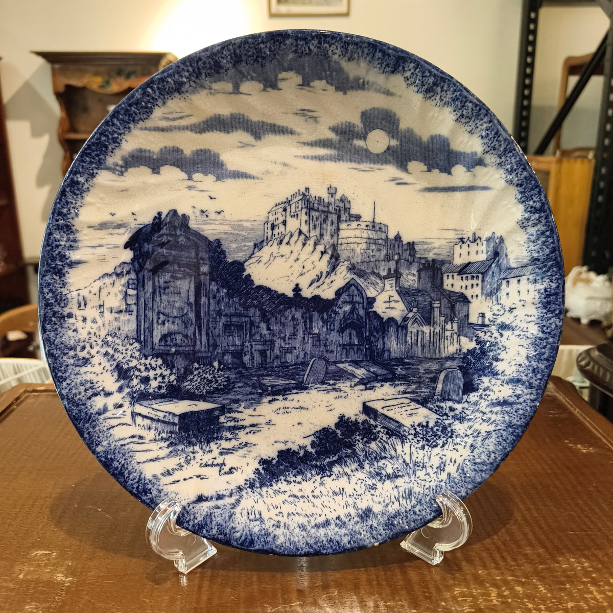 Vintage Cobalt Blue Transferware Decorative Plate, Edinburgh Castle & Greyfriars Kirkyard Scene