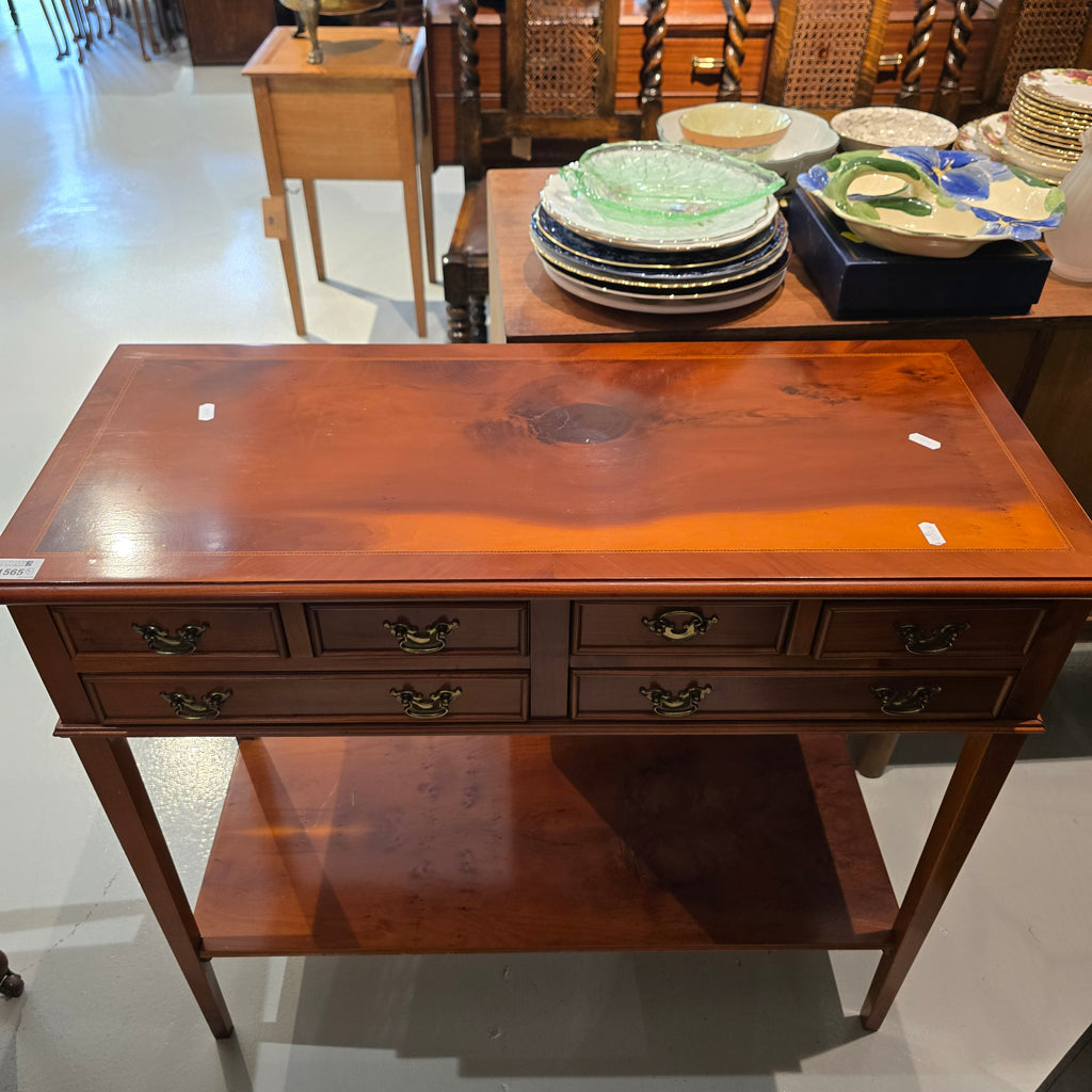Vintage Yew Wood Console Table with 6 Drawers c. 1980