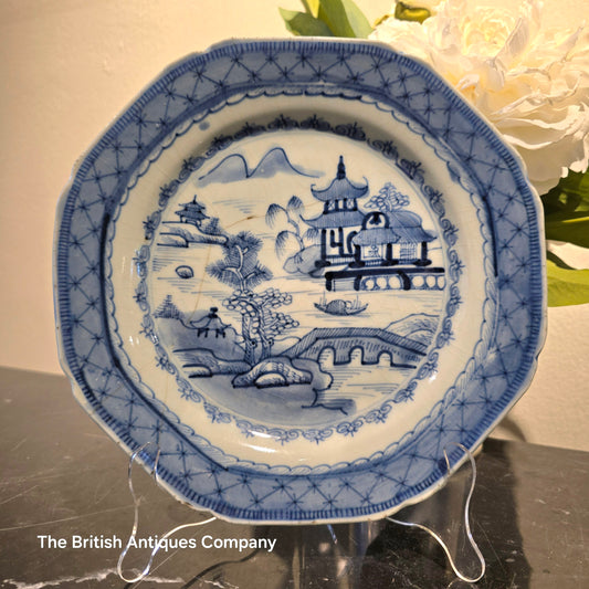 Antique J&W Ridgway Blue & White Octagonal Plate - "Willow Pattern"