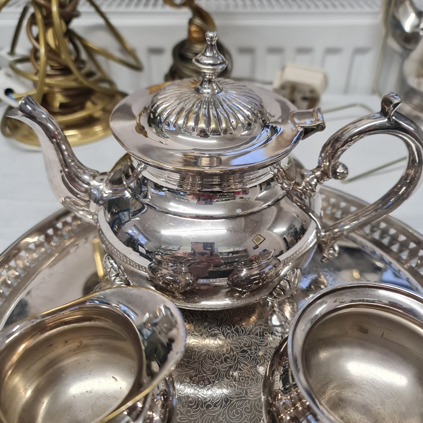 Vintage silver plated teapot , milk jug , sugar bowl and tray