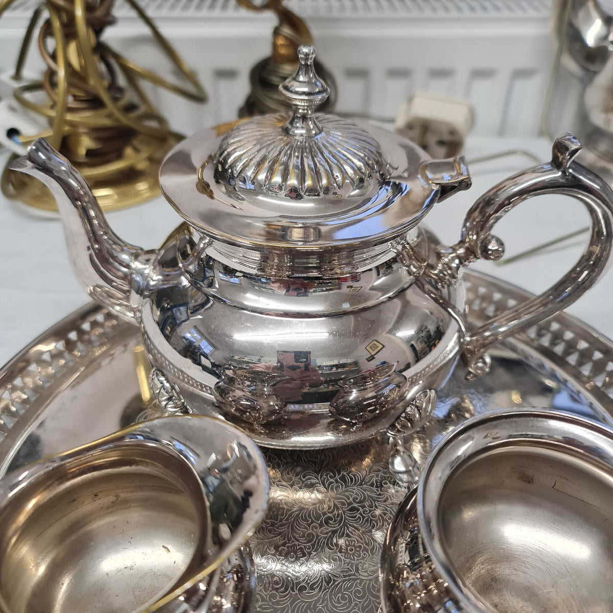 Vintage silver plated teapot , milk jug , sugar bowl and tray