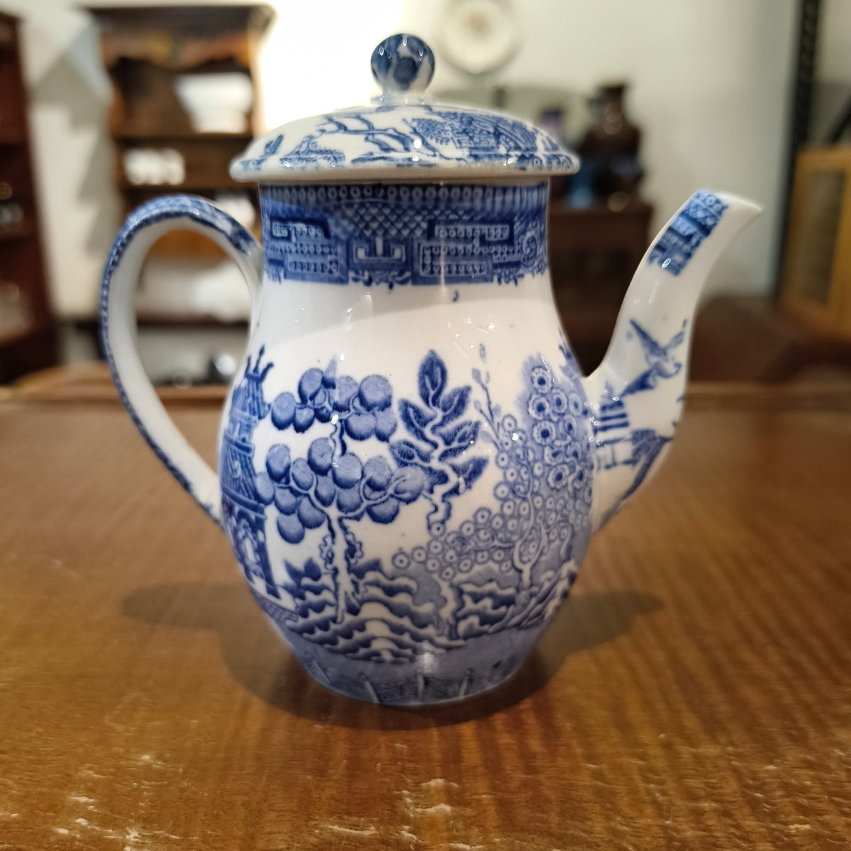 Antique Blue Willow Individual Coffee Pot | Blue & White Chinoiserie Ceramic