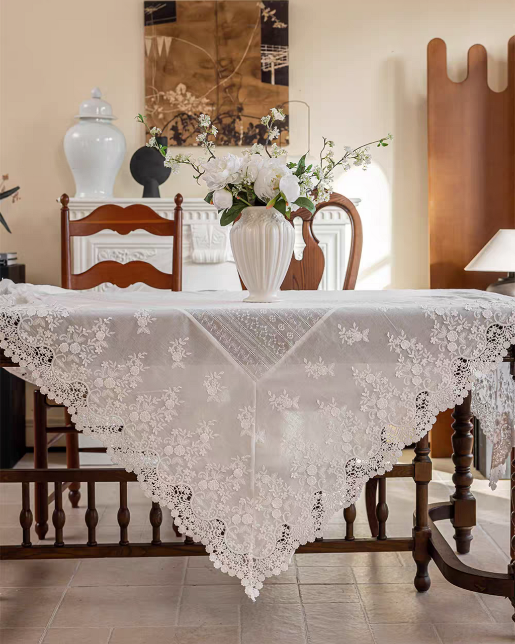 Whimsical French cottage style lace cotton table cloth
