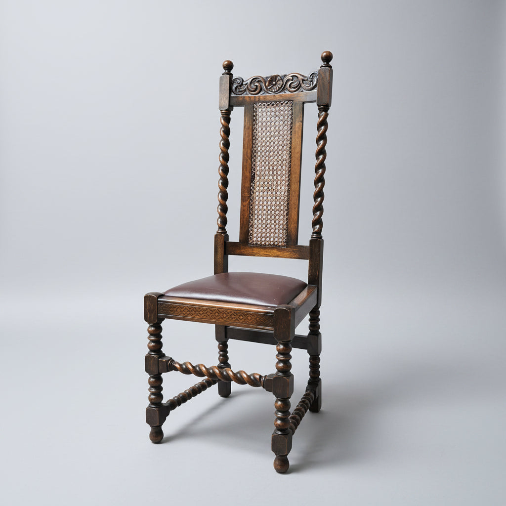 Antique Ewardian Barley Twist High Back Dining Chair | Oak on Turned Supports