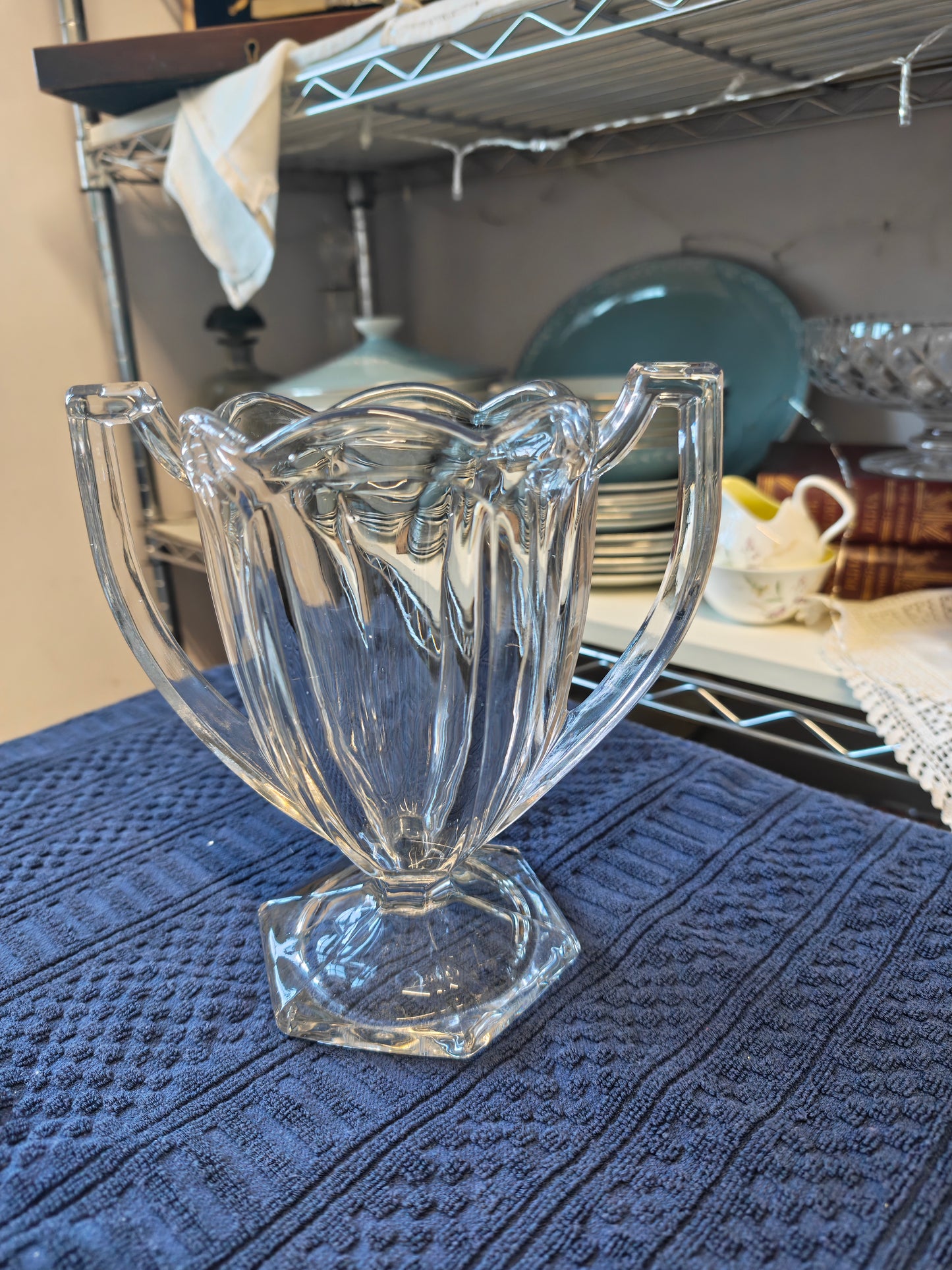 Impressive pressed glass vase was made by the British company George Davidson & Co. in the 1930s