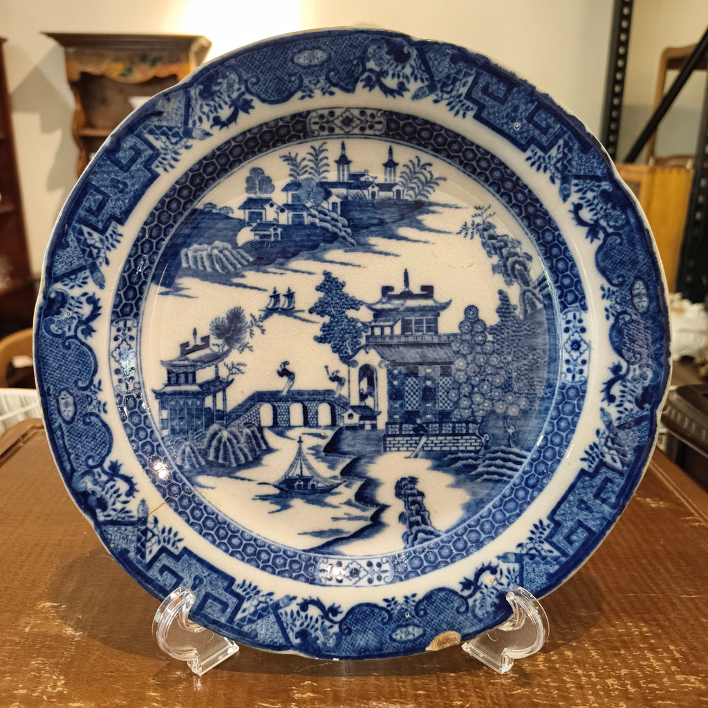 Antique Leeds Pottery Blue & White Pearlware Plate, c. 1800 - Long Bridge Pattern