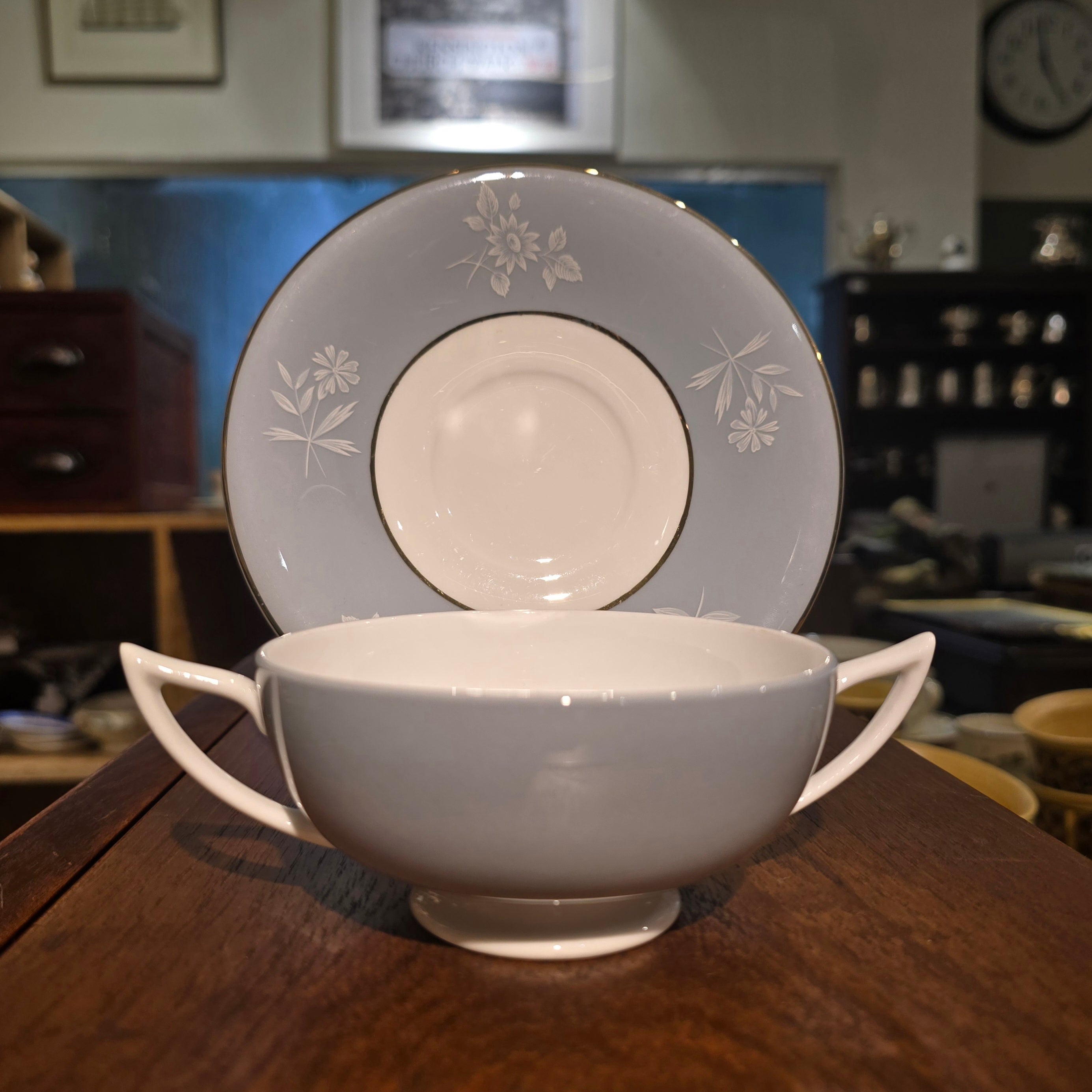 Vintage Minton "Twilight" Grey Bone China Soup Coupe & Saucer Set – Made in England (S667)