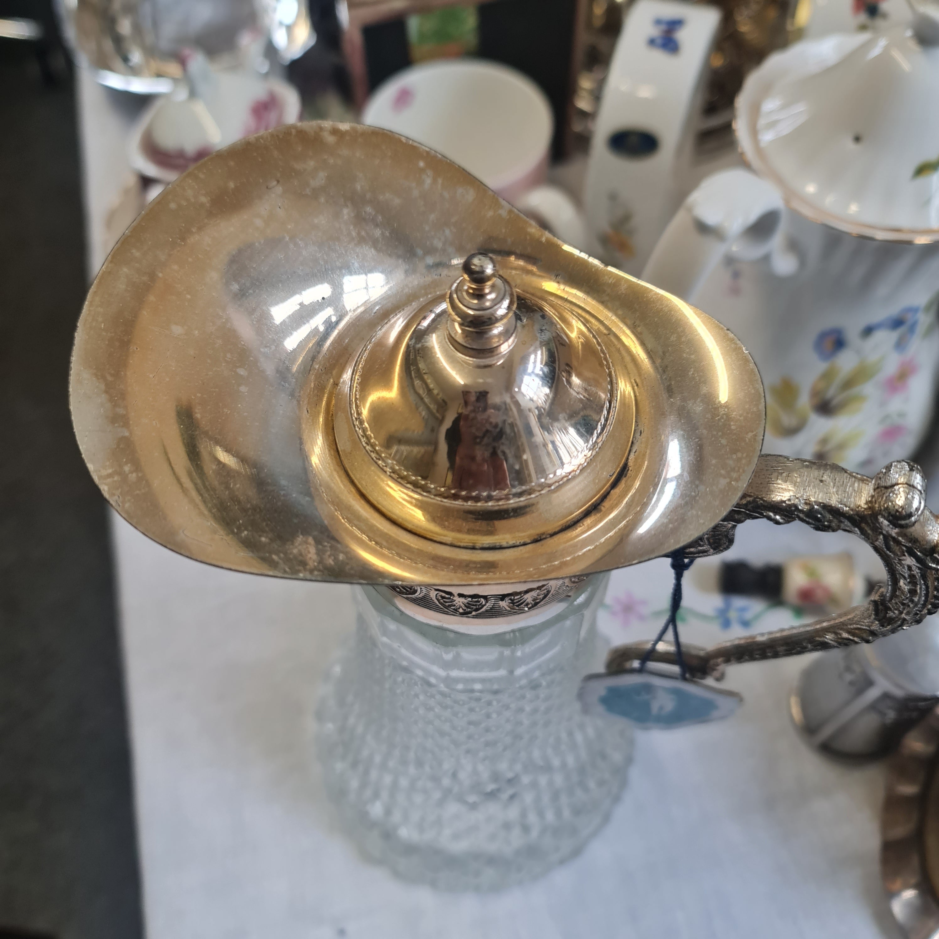 Vintage Pressed glass pitcher / Jug with silver plated handle n lid made in Italian
